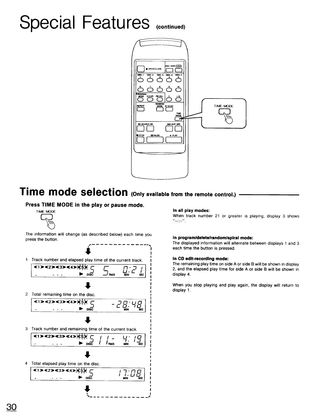 Technics SL-PD947 operating instructions Total remaining time on the disc, CO edit.recording mode 