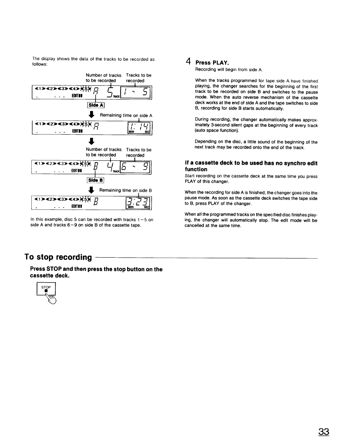 Technics SL-PD947 operating instructions To stop recording, 711function, If a cassette deck to be used has no synchro edit 