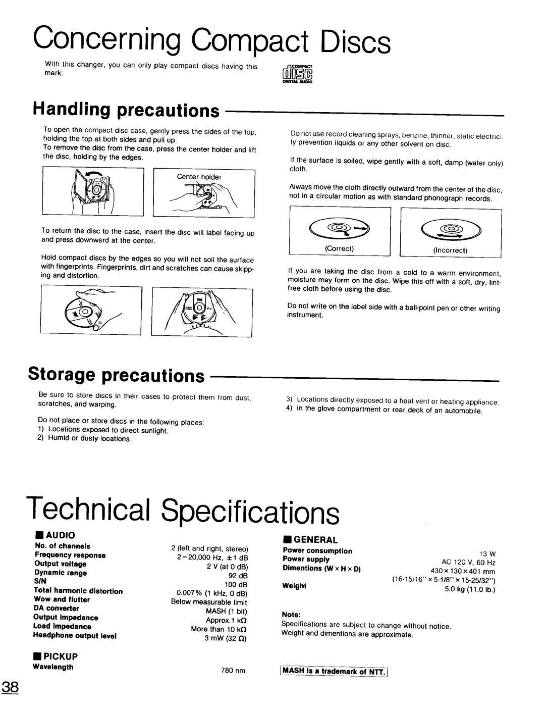 Technics SL-PD947 Concerning Compact Discs, Technical Specifications, Handling precautions, Storage precautions 