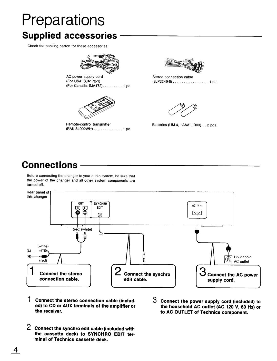 Technics SL-PD947 operating instructions Preparations, R3conn.c,,he, Supplied accessories, Transmitter, Red 