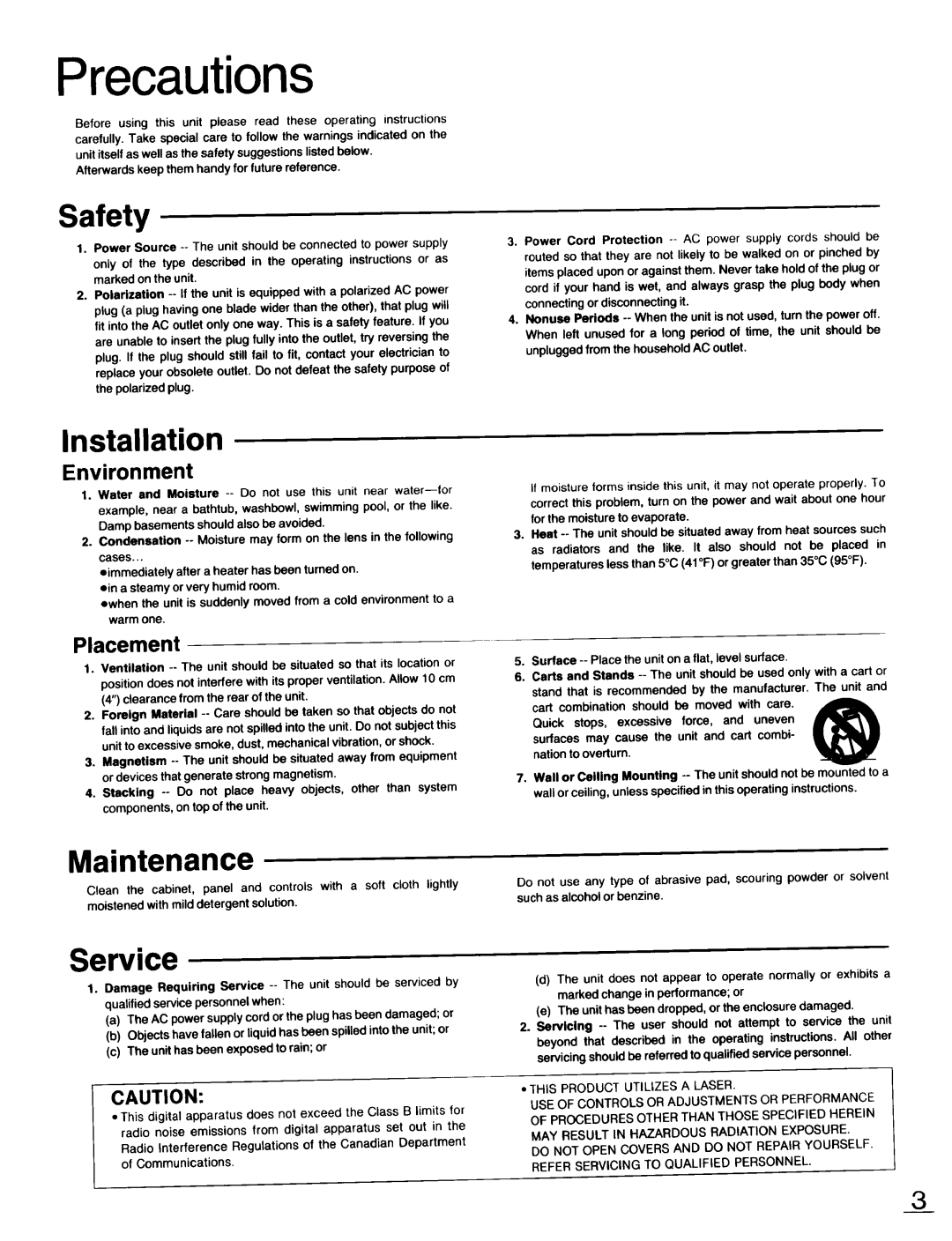 Technics SL-PD947 operating instructions Precautions, Safety, Installation, Maintenance, Service 