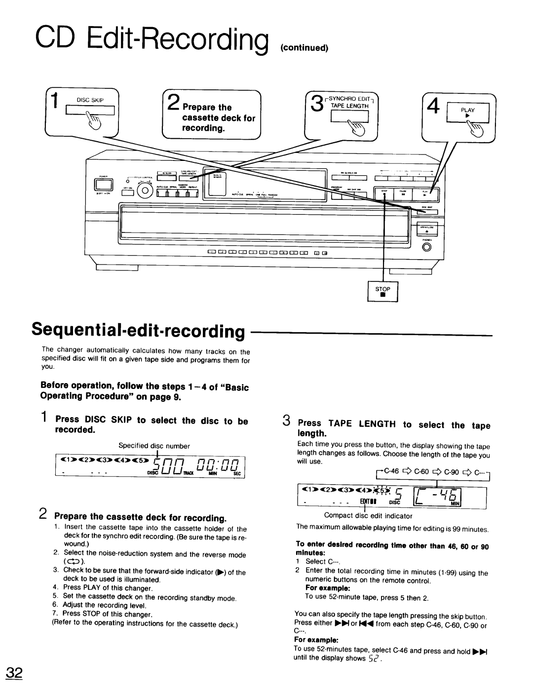 Technics SL-PD947 CD Edit-Recording ,co.,,.u, Sequential-edit-recording, o,ocIL, I-C-46 c-80 c-9o C, o,= / JL/T.=, Prepare 