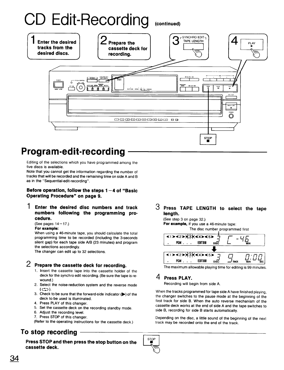 Technics SL-PD947 CD Edit-Recording ,oo.,,.uo, Prog ra rn.edit.re cord ing, Iz-!-I, Prepare, tracks, from the, cassette 