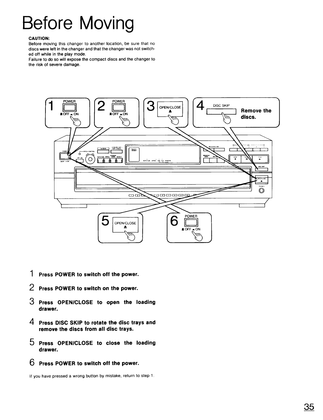 Technics SL-PD947 operating instructions Before Moving, Remove the, discs, Press POWER to switch off the power 