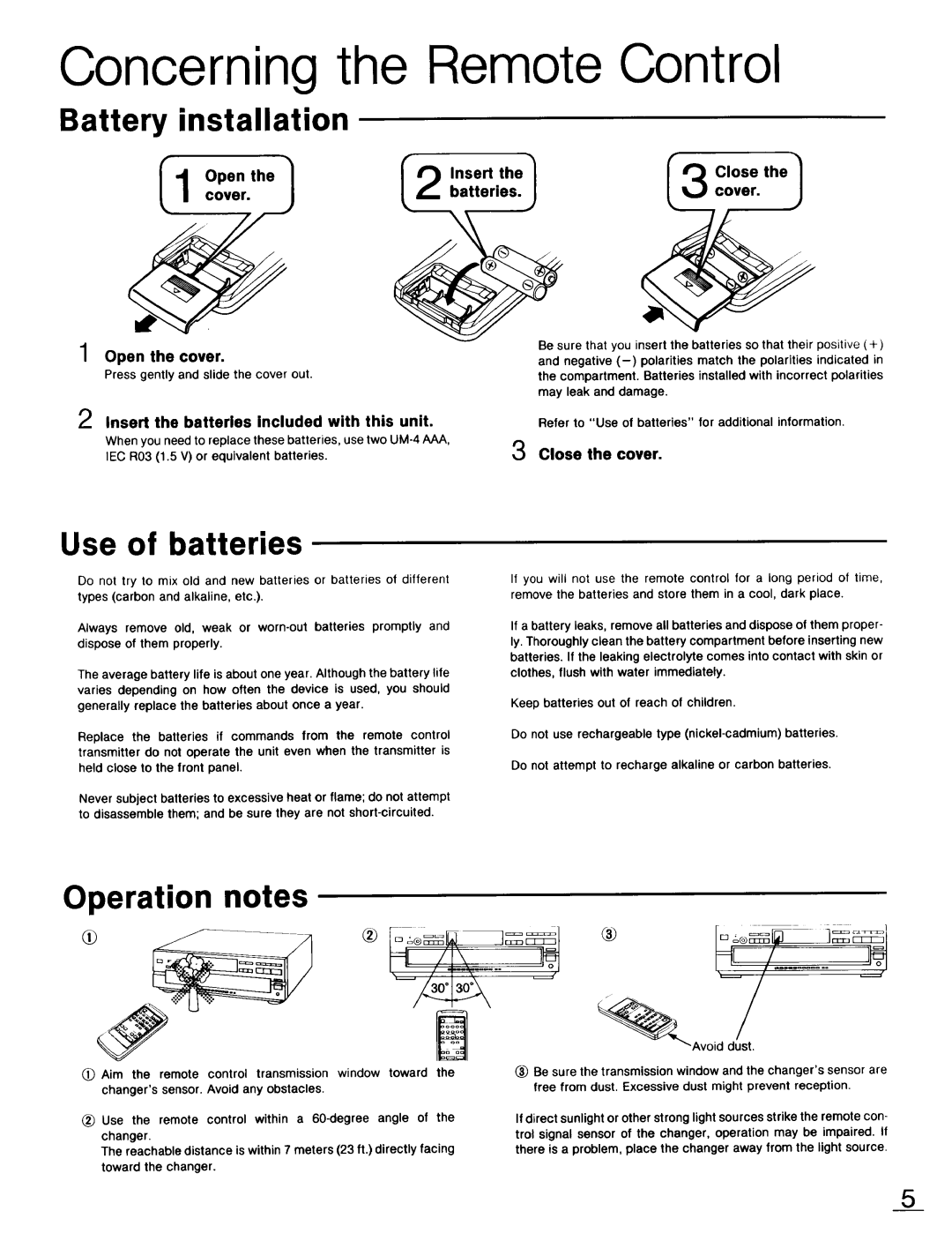 Technics SL-PD947 Concerning the Remote Control, Battery installation, Use of batteries, Operation notes, cover, Openthe 