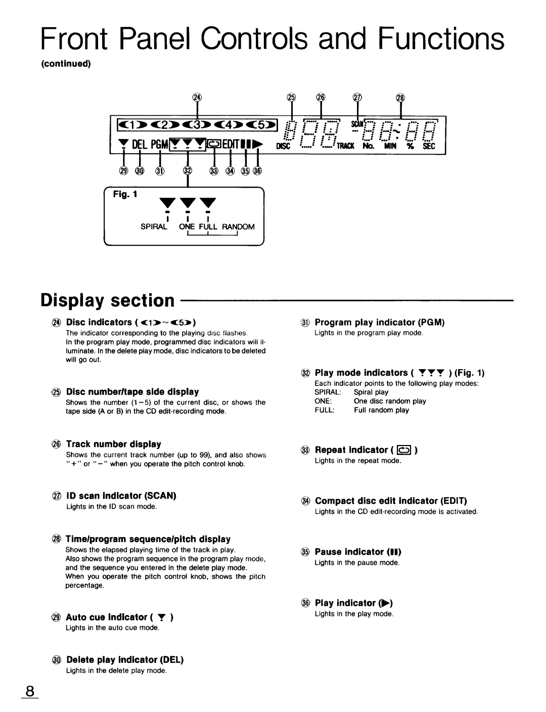 Technics SL-PD947 Display section, Front Panel Controls and Functions, continued, Disc indicators, Track number display 