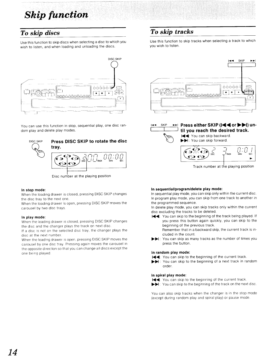 Technics SL-PD967, SL-P9066 operating instructions To skip tracks, Disc SKIPPress Disc Skip to rotate the disc % tray, J-i 