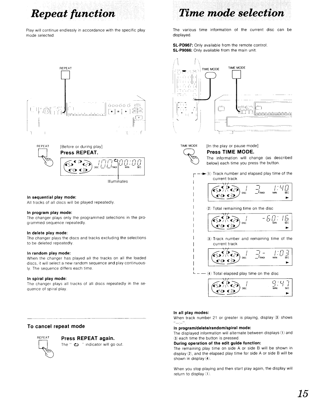 Technics SL-P9066 To cancel repeat mode REPEATPress Repeat again, Program play mode, Programldeletelrandomlspiral mode 