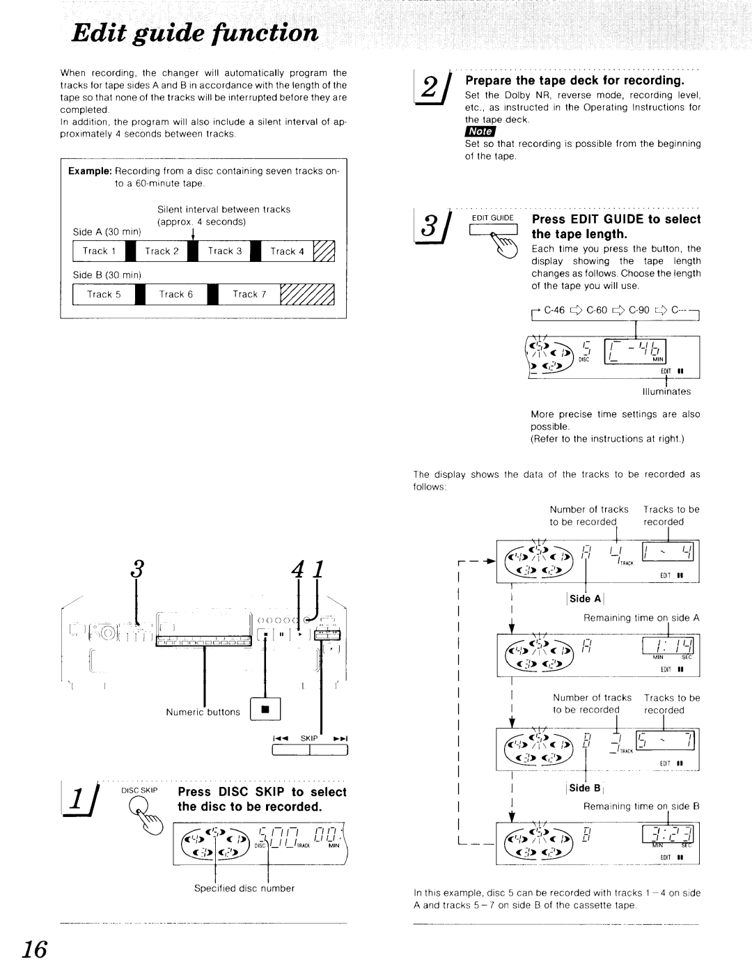 Technics SL-PD967 Edit guide, Discskip Press Disc Skip to select Disc to be recorded, Prepare the tape deck for recording 