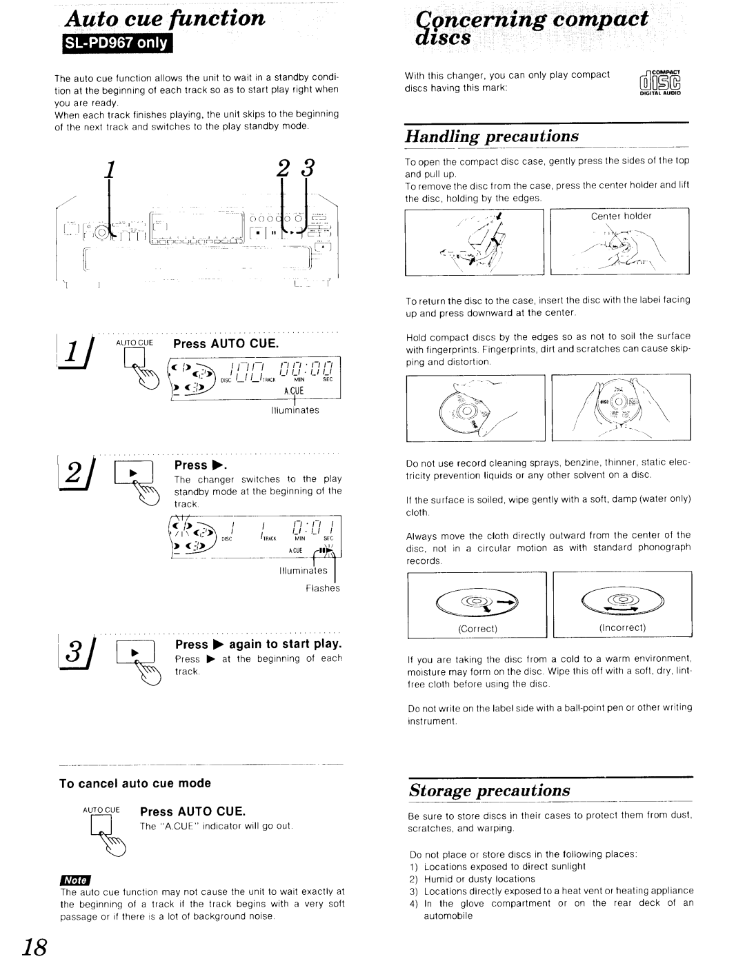 Technics SL-PD967, SL-P9066 operating instructions Handling precautions, Storage preca u tions, AurocuE Press Auto CUE 