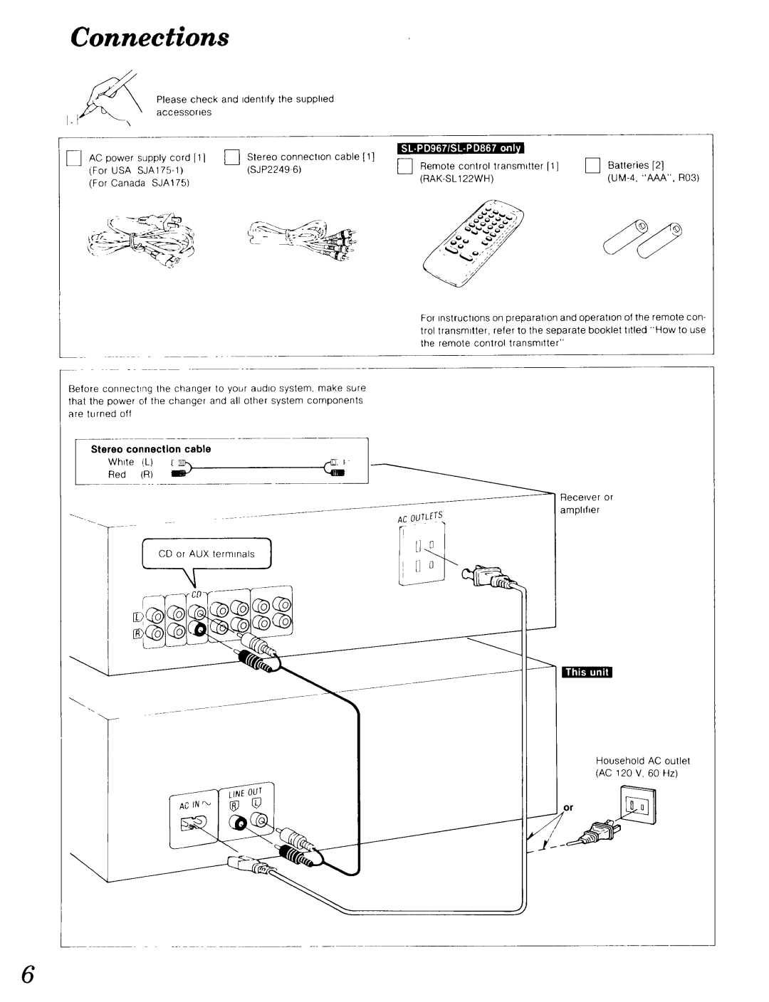 Technics SL-PD967, SL-P9066 operating instructions Connections, SJP2249, Stereo connection Cable 