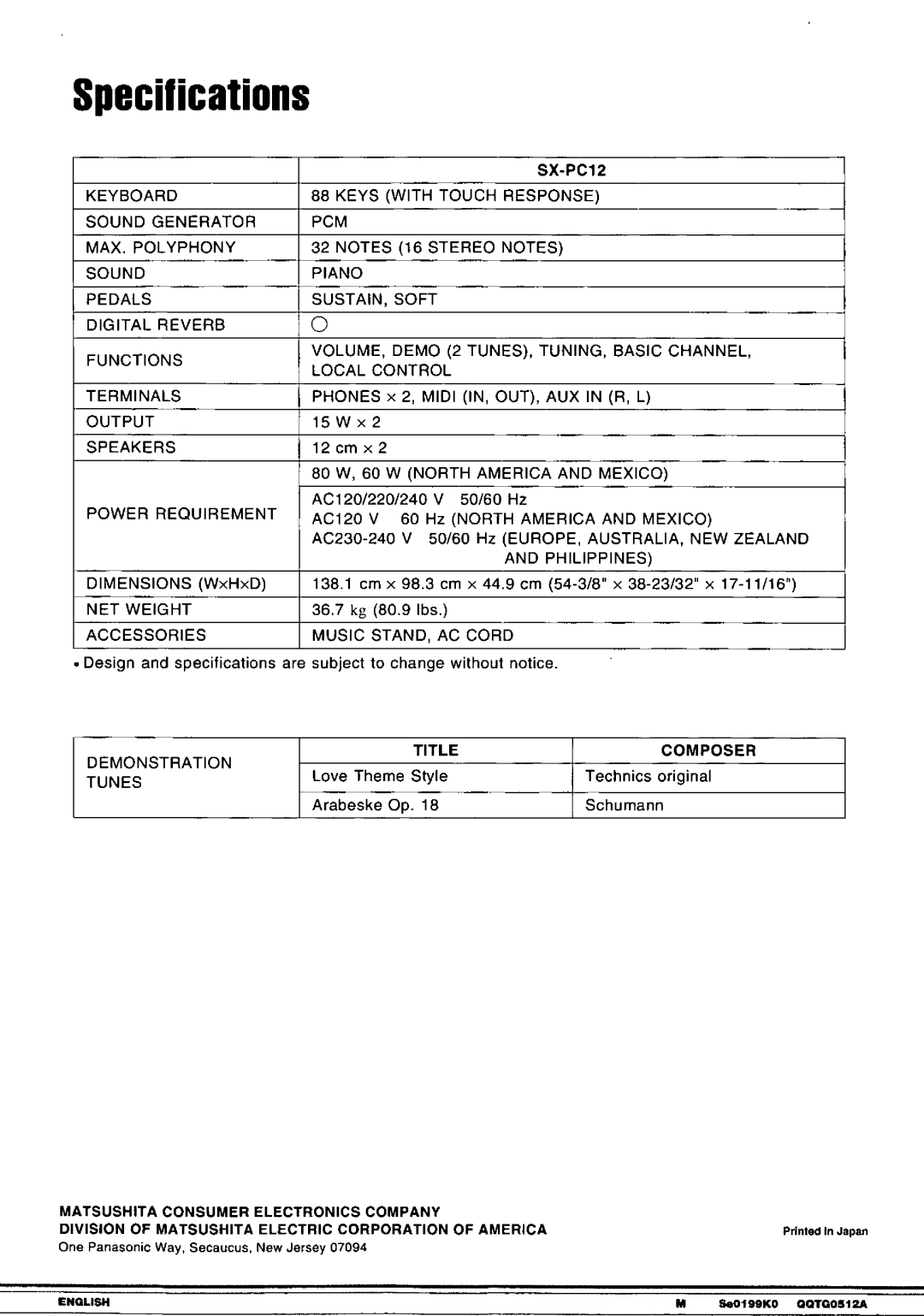 Technics SX-PC12 manual 