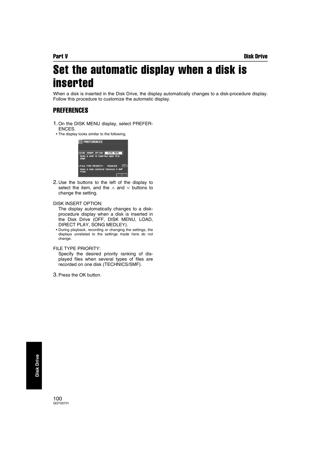 Technics SX-PR54/M operating instructions Set the automatic display when a disk is inserted, Preferences 