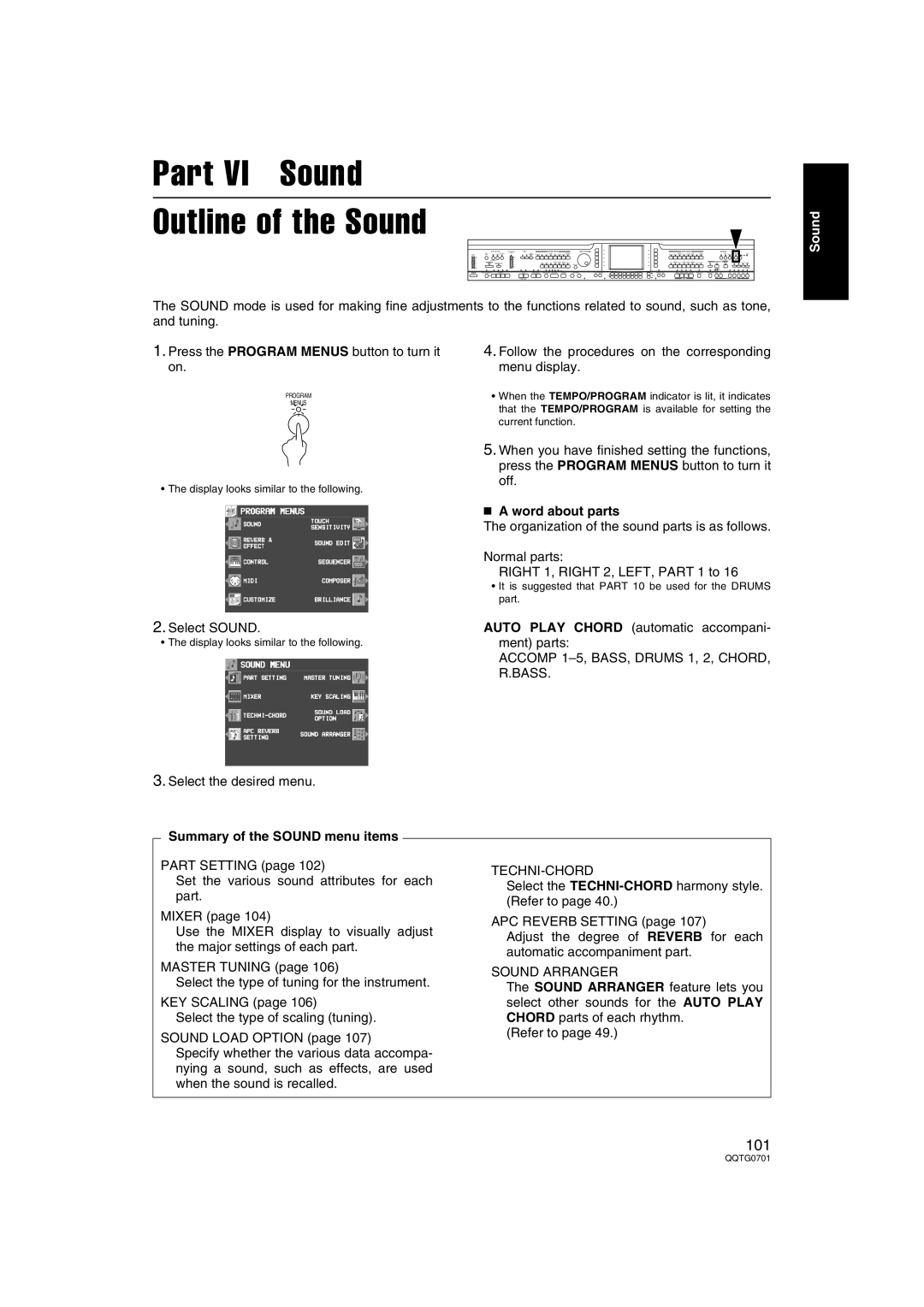 Technics SX-PR54/M Part VI Sound Outline of the Sound, Word about parts, Summary of the Sound menu items 