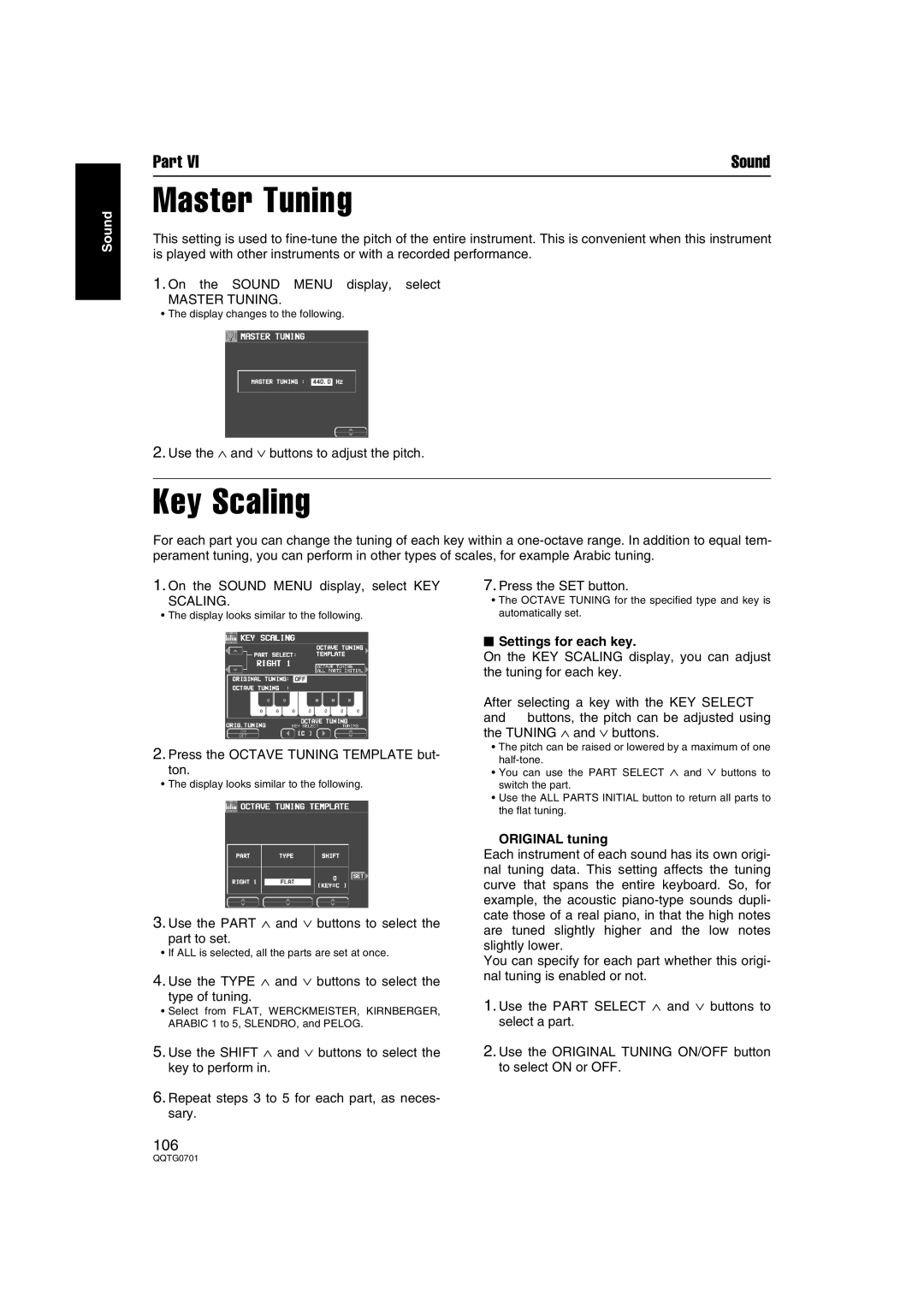 Technics SX-PR54/M operating instructions Master Tuning, Key Scaling, Settings for each key, Original tuning 