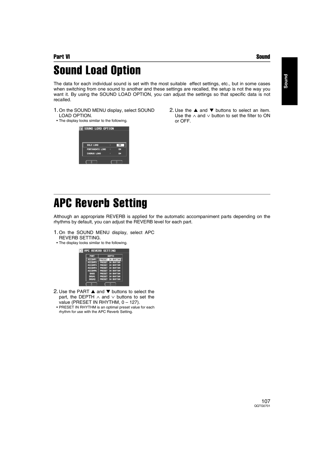 Technics SX-PR54/M operating instructions Sound Load Option, APC Reverb Setting 