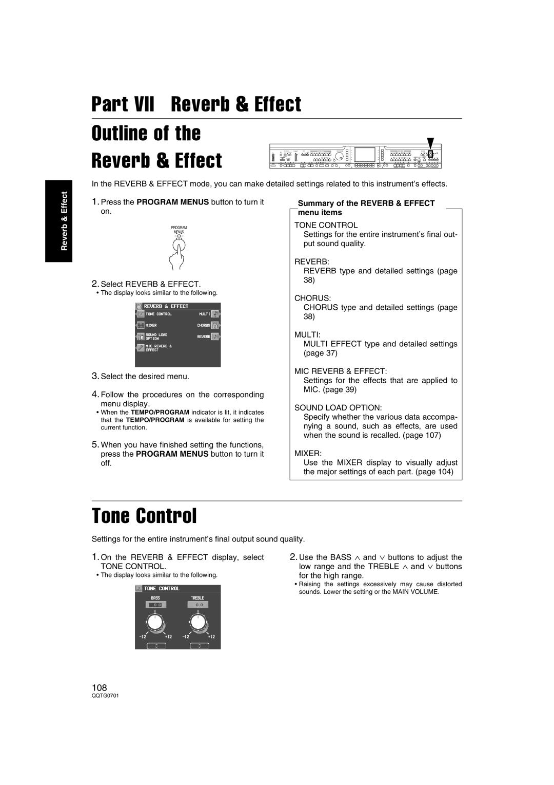 Technics SX-PR54/M operating instructions Tone Control, Summary of the Reverb & Effect menu items 