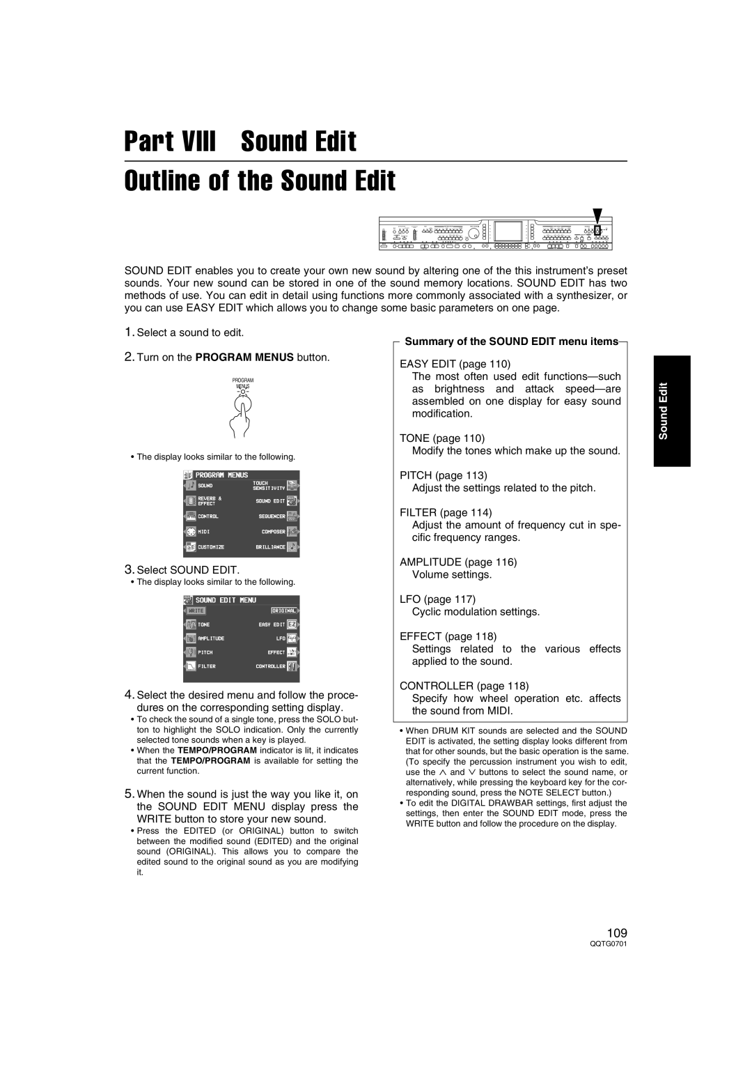 Technics SX-PR54/M Part Viii Sound Edit Outline of the Sound Edit, Select Sound Edit, Summary of the Sound Edit menu items 