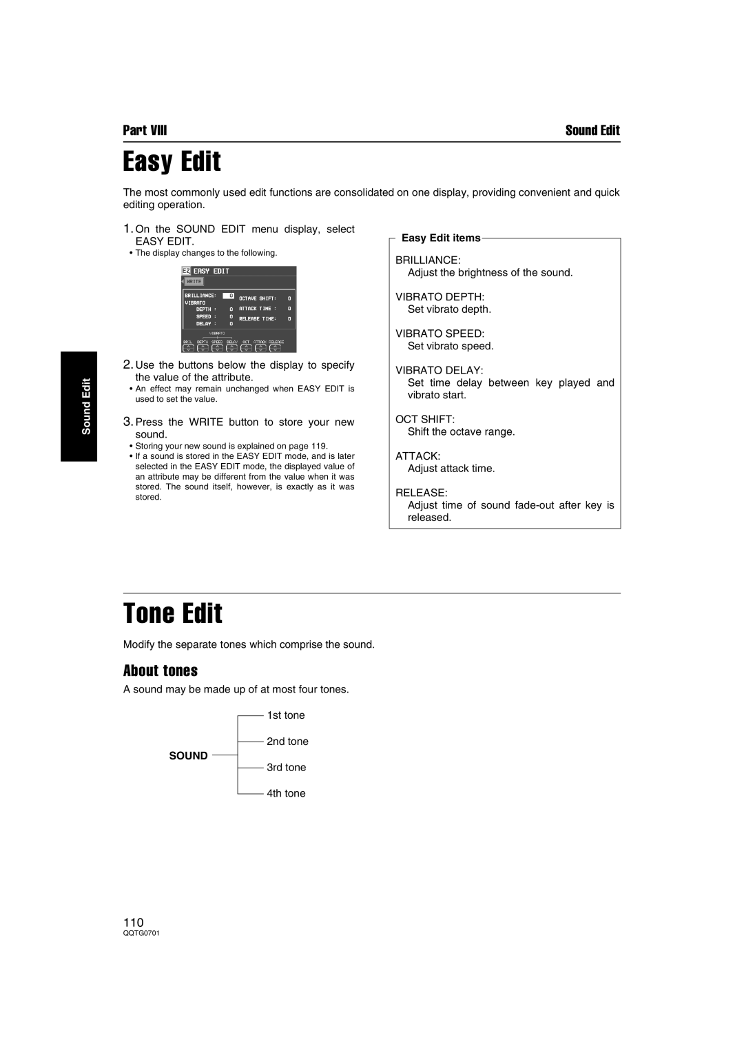 Technics SX-PR54/M operating instructions Tone Edit, About tones, Easy Edit items 