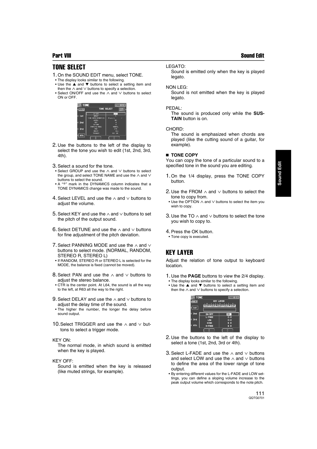 Technics SX-PR54/M operating instructions Tone Select, KEY Layer, Tone Copy 