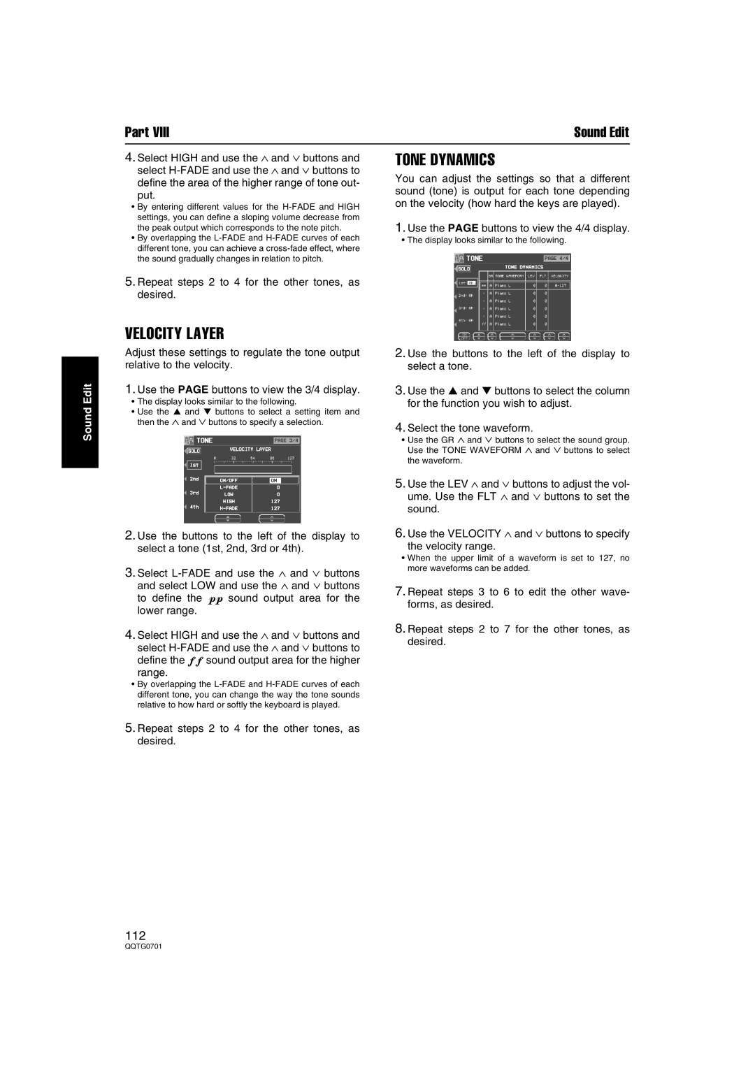 Technics SX-PR54/M Tone Dynamics, Velocity Layer, Repeat steps 2 to 4 for the other tones, as Desired, Range 