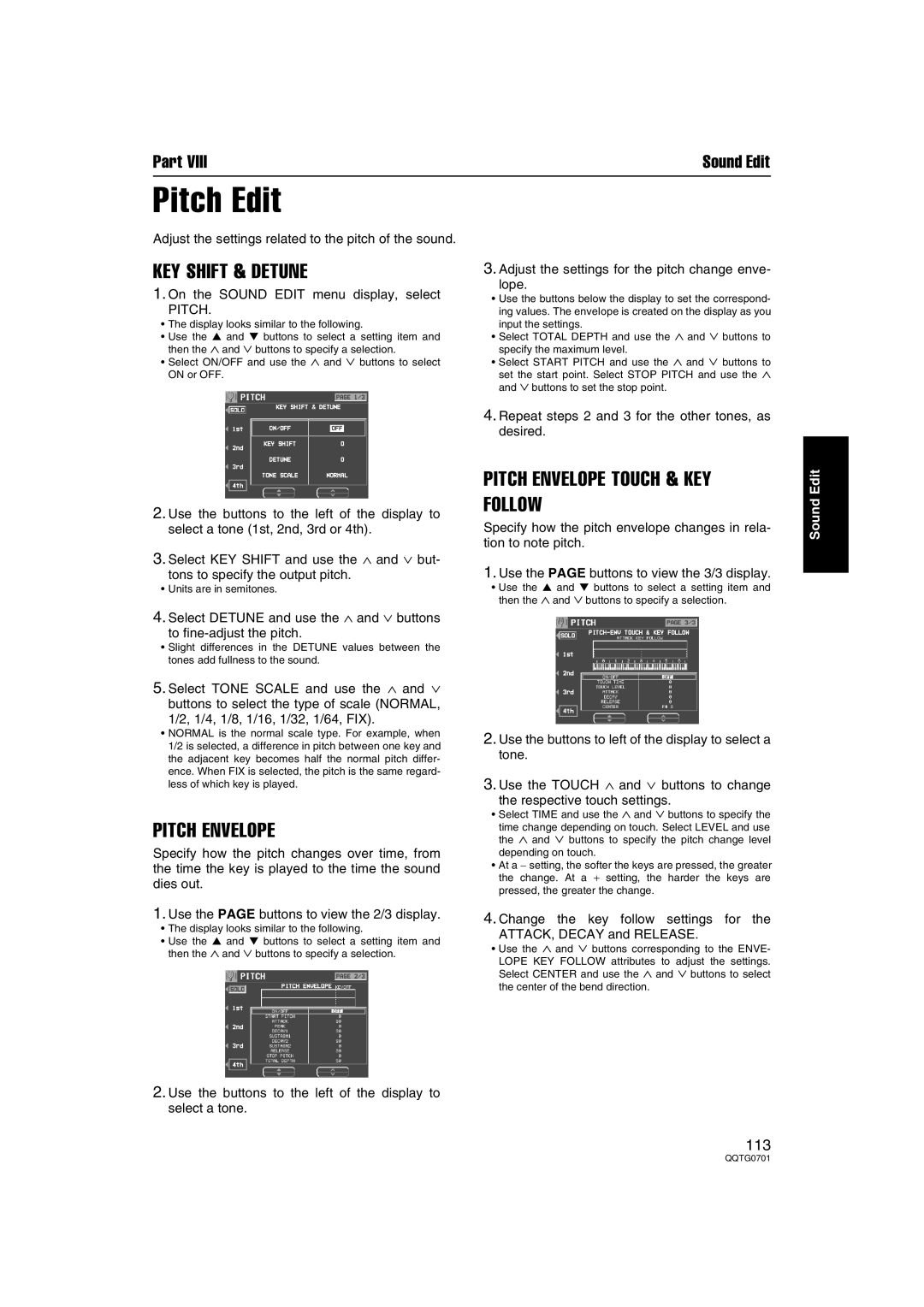 Technics SX-PR54/M operating instructions Pitch Edit, KEY Shift & Detune, Pitch Envelope Touch & KEY Follow 