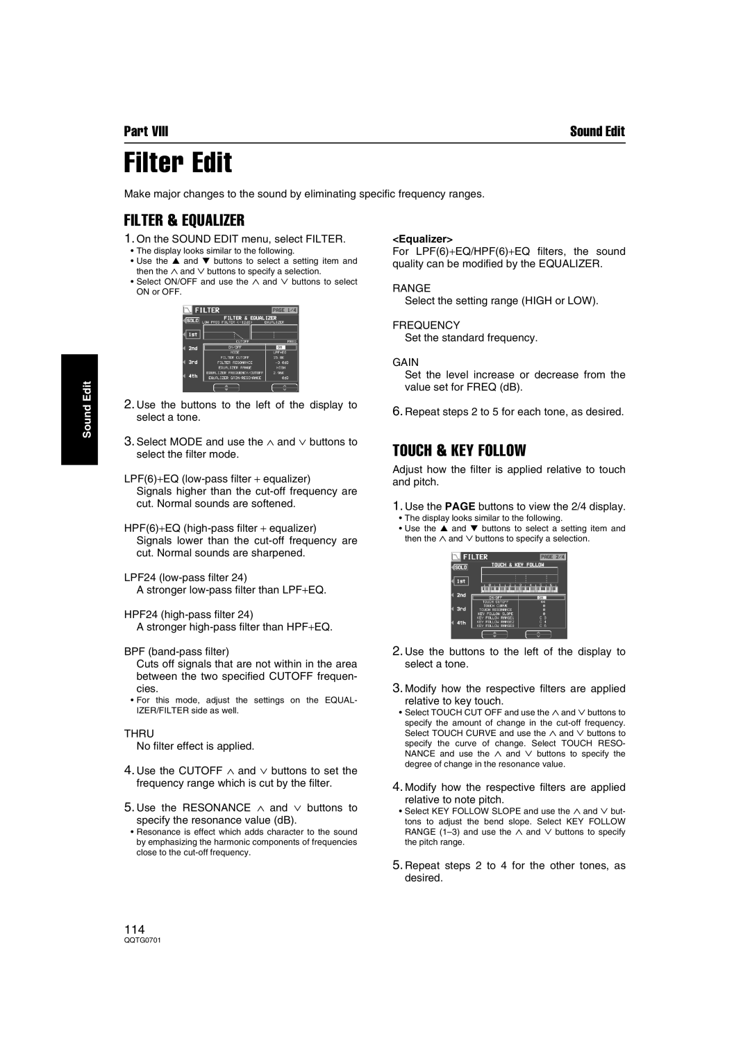 Technics SX-PR54/M operating instructions Filter Edit, Filter & Equalizer, Touch & KEY Follow 