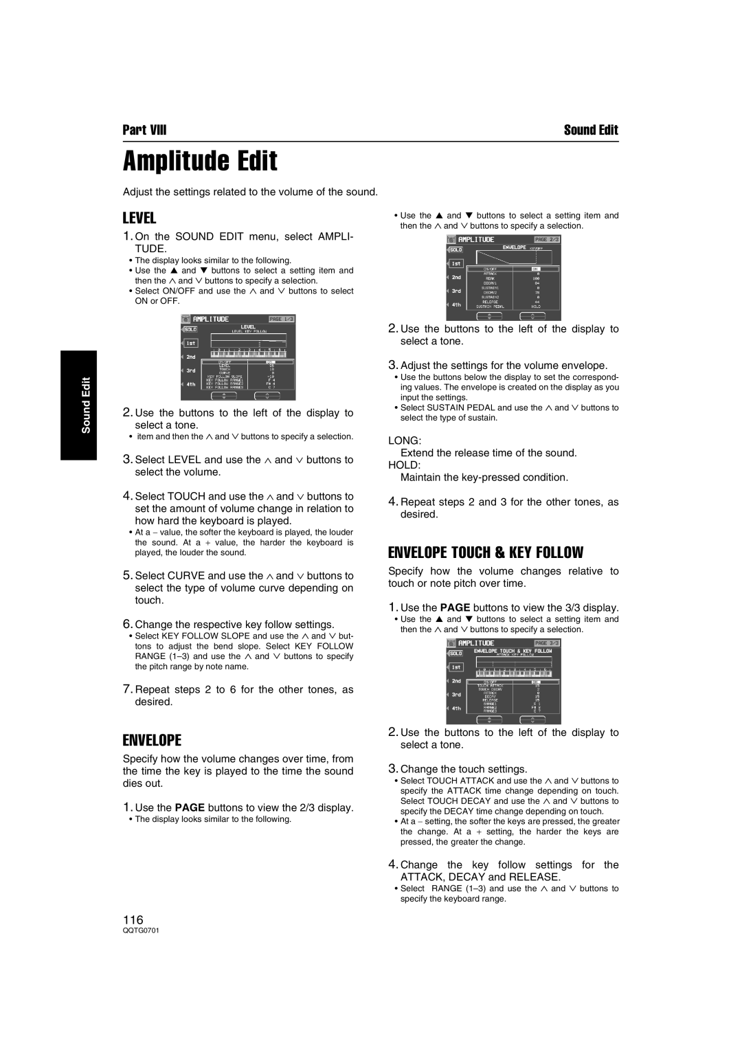 Technics SX-PR54/M operating instructions Amplitude Edit, Level, Envelope Touch & KEY Follow, Long 