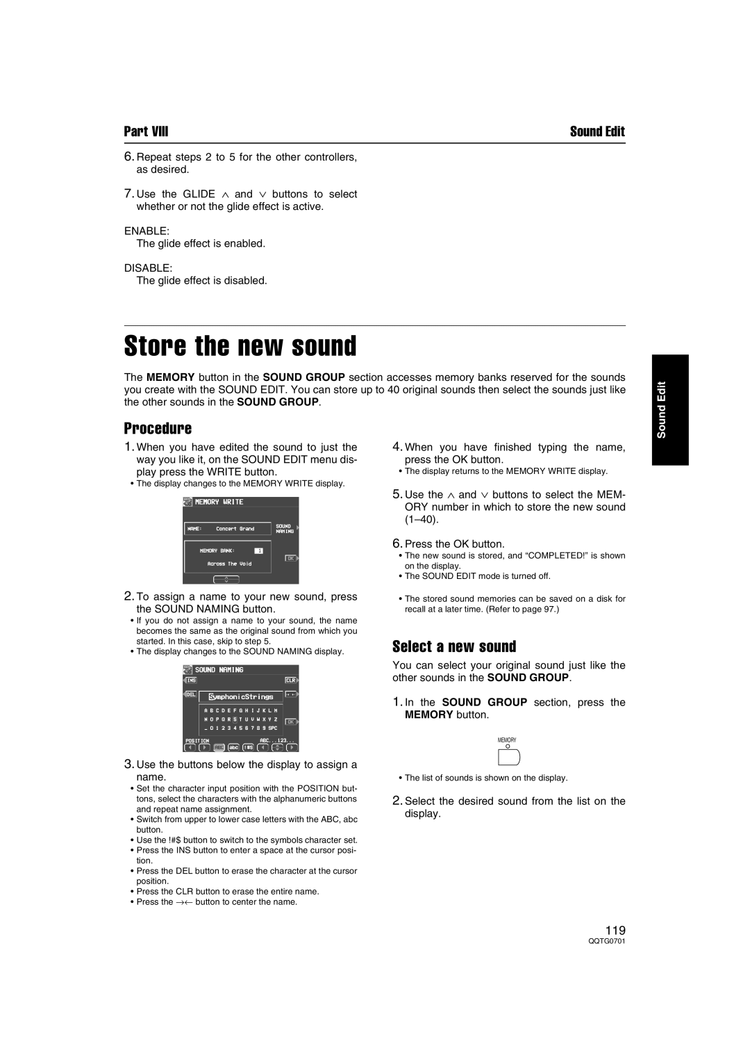 Technics SX-PR54/M operating instructions Store the new sound, Procedure, Select a new sound, Enable, Disable 