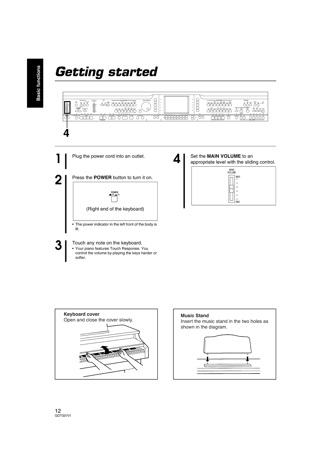 Technics SX-PR54/M operating instructions Getting started, Keyboard cover, Music Stand 