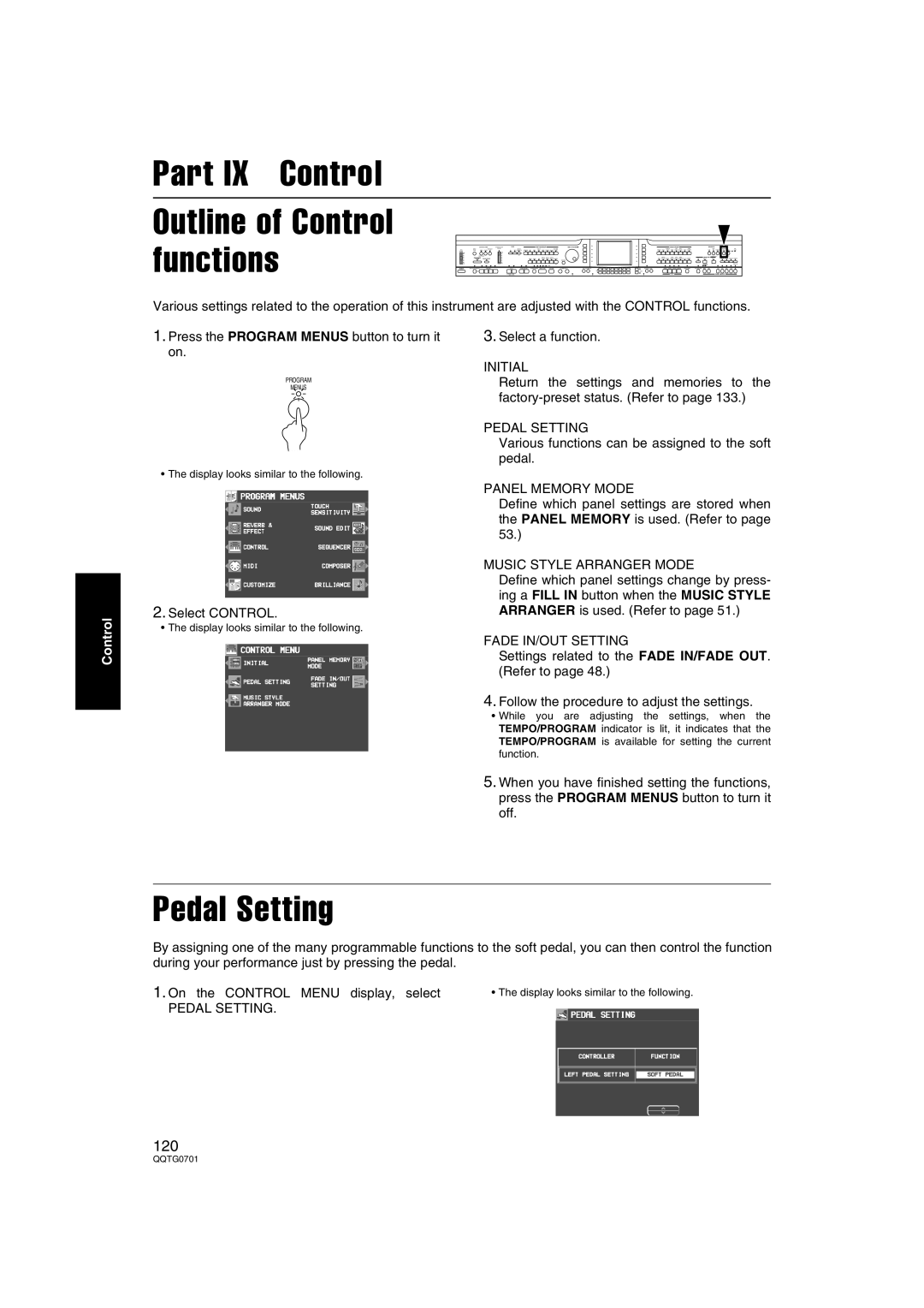 Technics SX-PR54/M operating instructions Pedal Setting, Panel Memory Mode, Music Style Arranger Mode, Fade IN/OUT Setting 