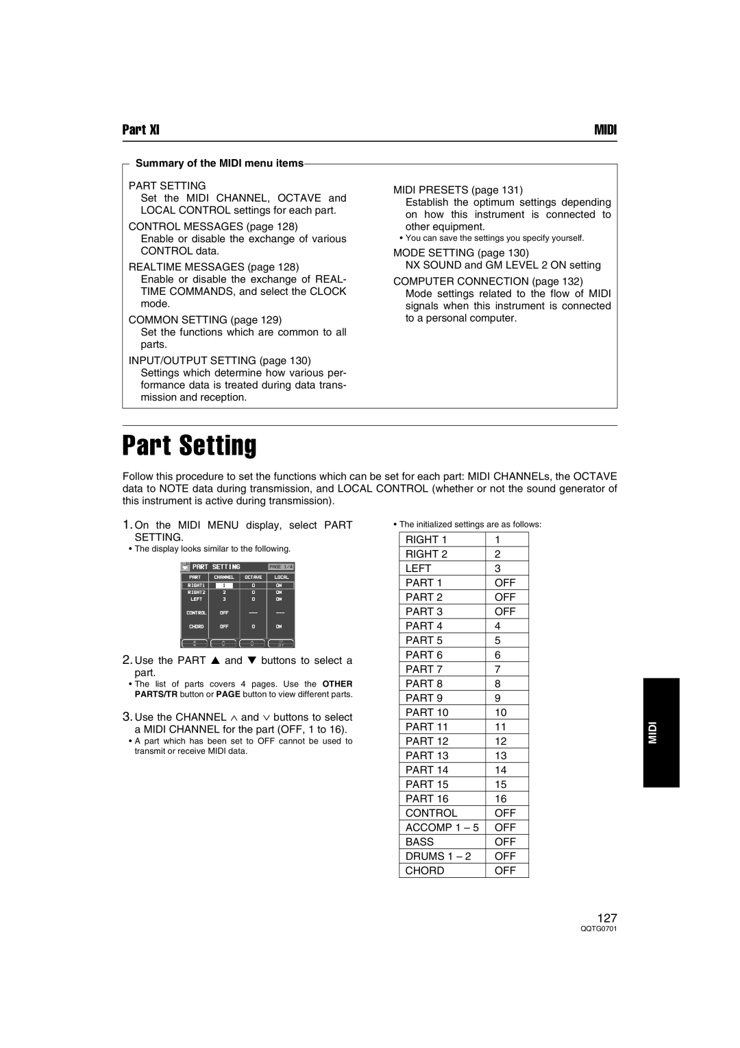 Technics SX-PR54/M Summary of the Midi menu items, Right Left Part OFF, Part Control OFF, OFF Bass, OFF Chord 