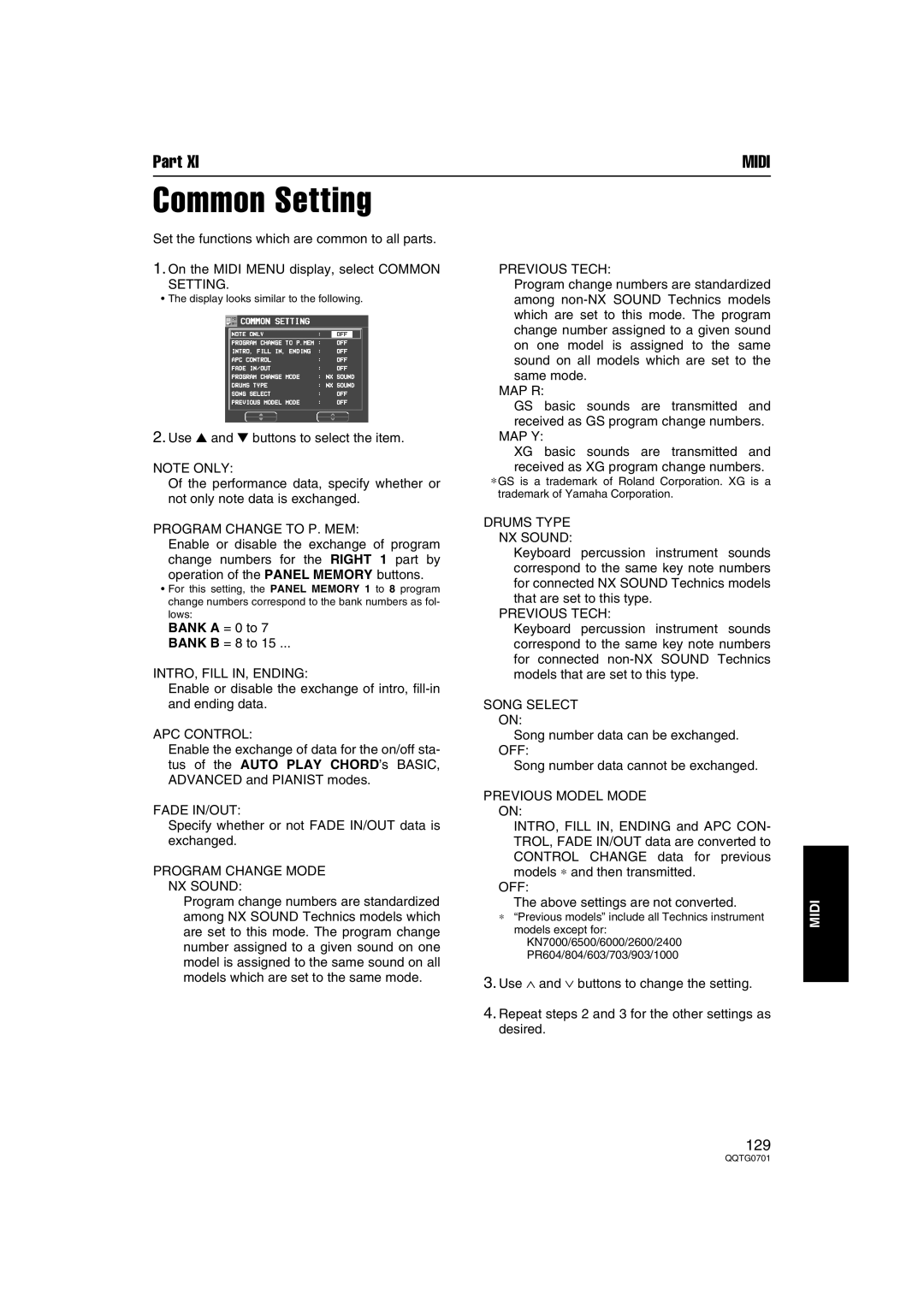 Technics SX-PR54/M operating instructions Common Setting 