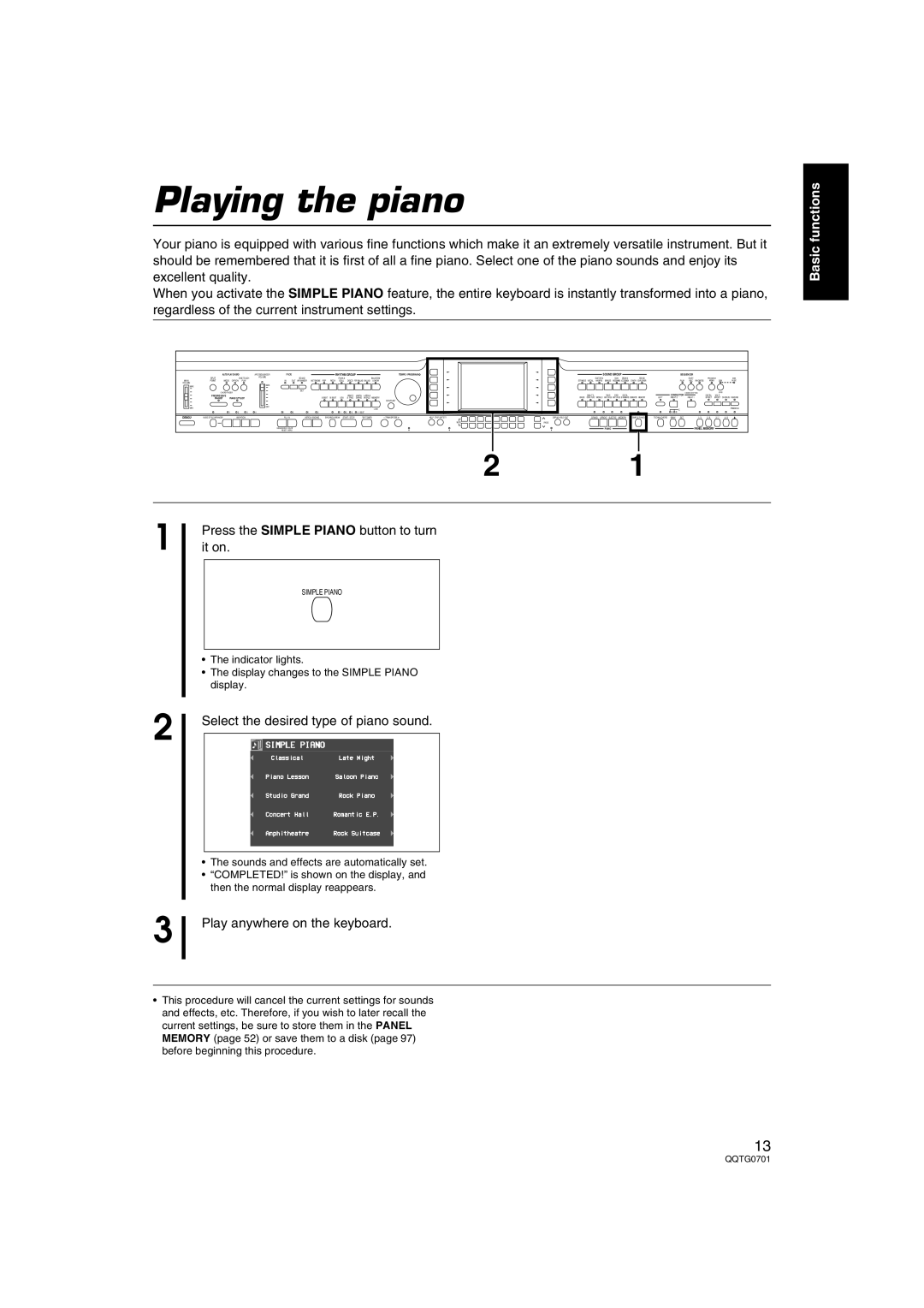 Technics SX-PR54/M Playing the piano, It on, Select the desired type of piano sound, Play anywhere on the keyboard 