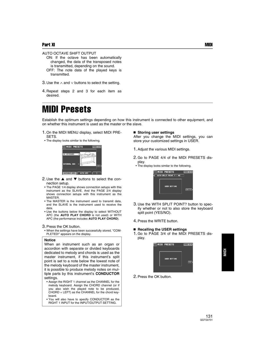 Technics SX-PR54/M Midi Presets, Auto Octave Shift Output, Sets, Storing user settings, Recalling the User settings 