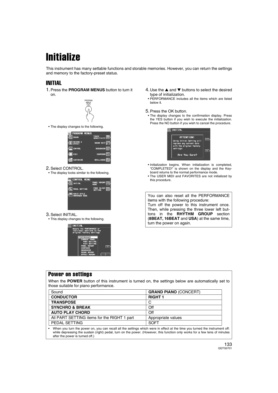 Technics SX-PR54/M operating instructions Initialize, Power on settings 