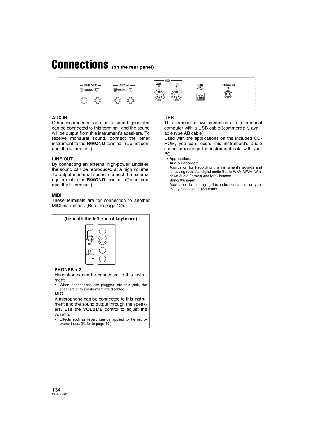 Technics SX-PR54/M operating instructions Aux, Line OUT, Usb, Midi, Phones ×, Mic 