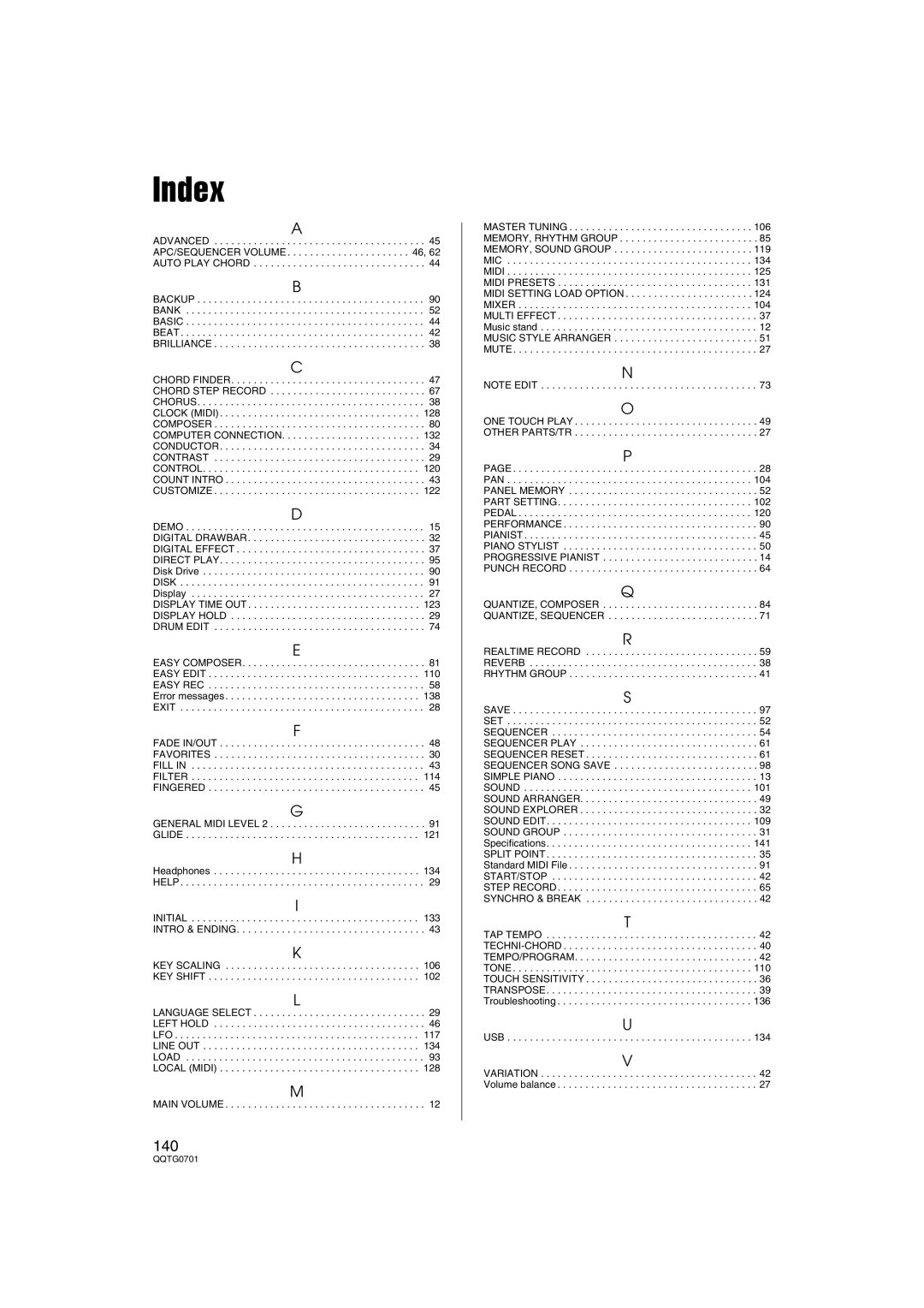 Technics SX-PR54/M operating instructions Index, 140 