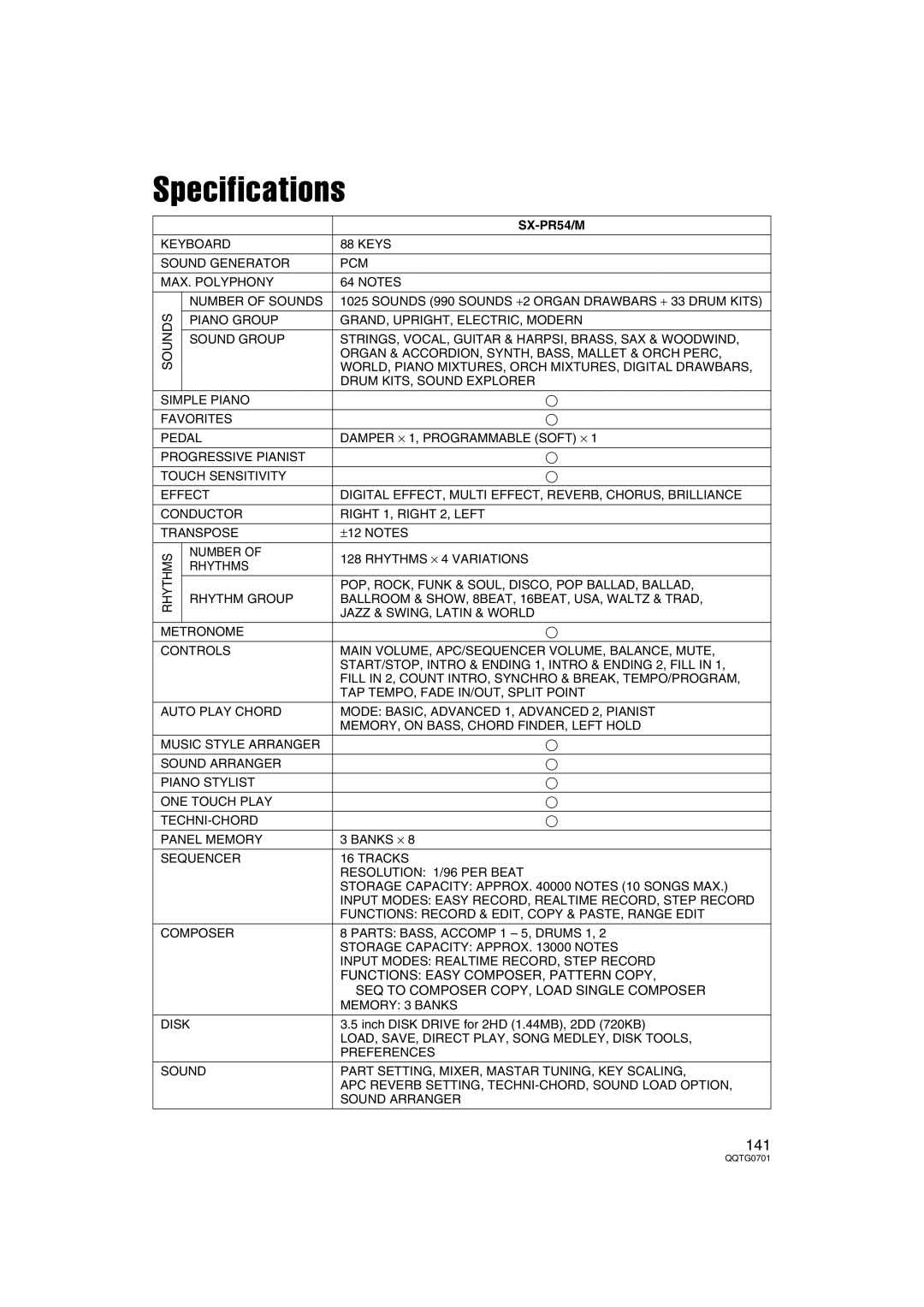 Technics SX-PR54/M Specifications, Functions Easy COMPOSER, Pattern Copy, SEQ to Composer COPY, Load Single Composer 