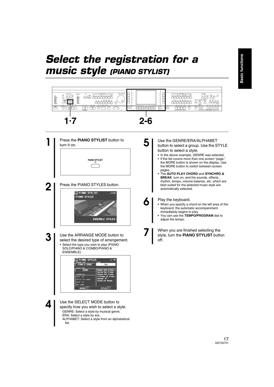 Technics SX-PR54/M Select the registration for a music style, Press the Piano Stylist button to turn it on 