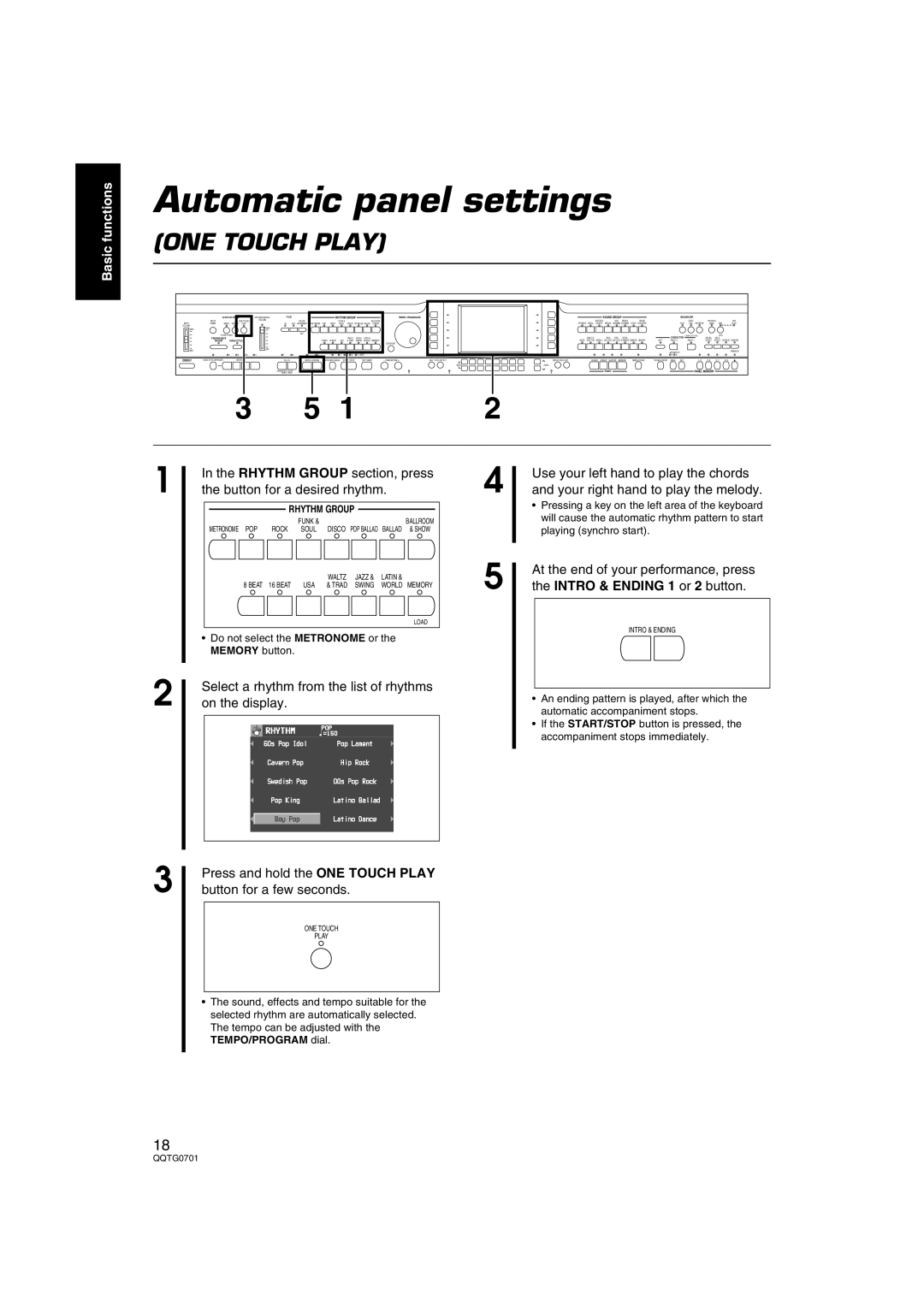 Technics SX-PR54/M operating instructions Automatic panel settings, Intro & Ending 1 or 2 button 