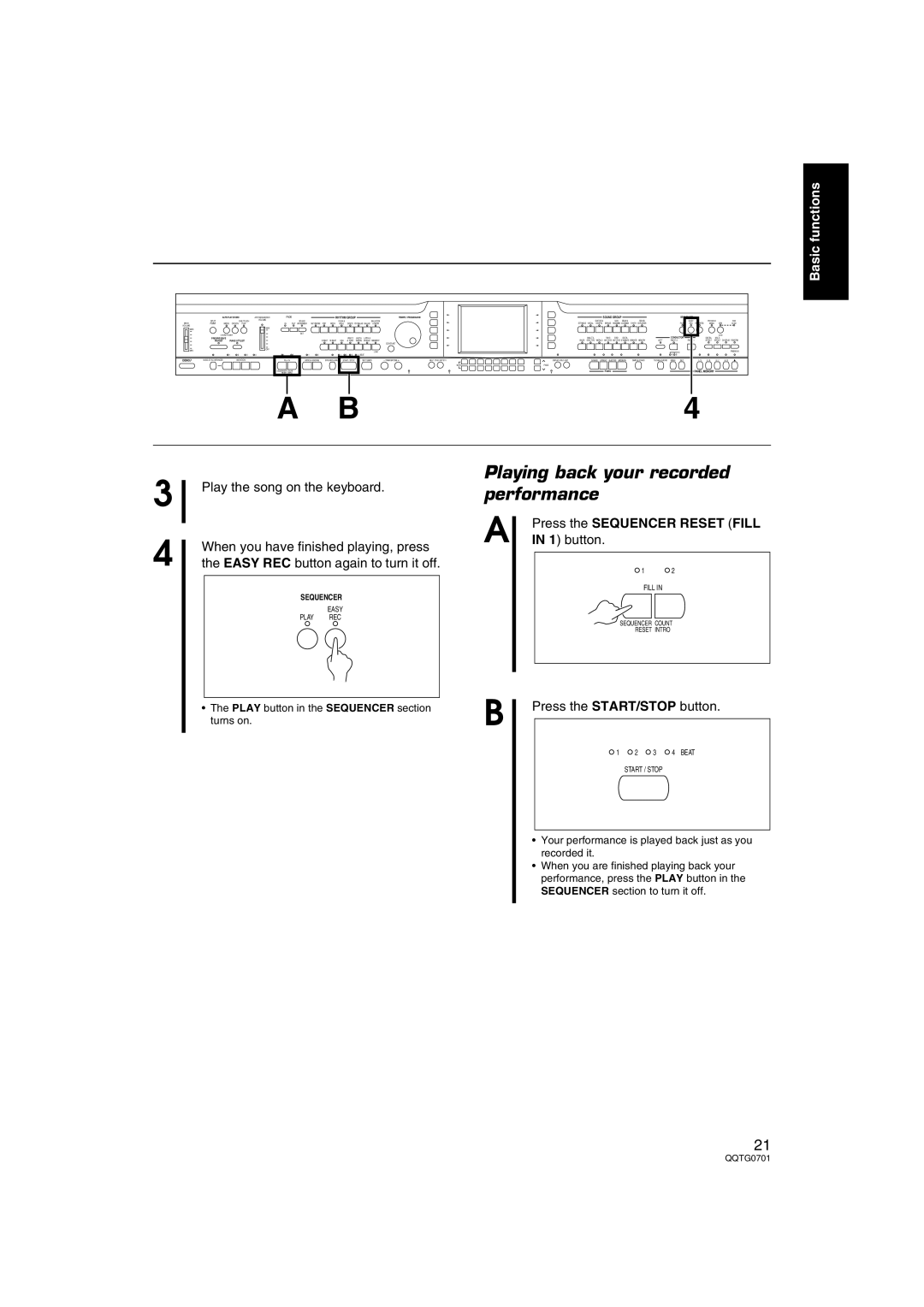 Technics SX-PR54/M operating instructions Play the song on the keyboard, Press the Sequencer Reset Fill, button 