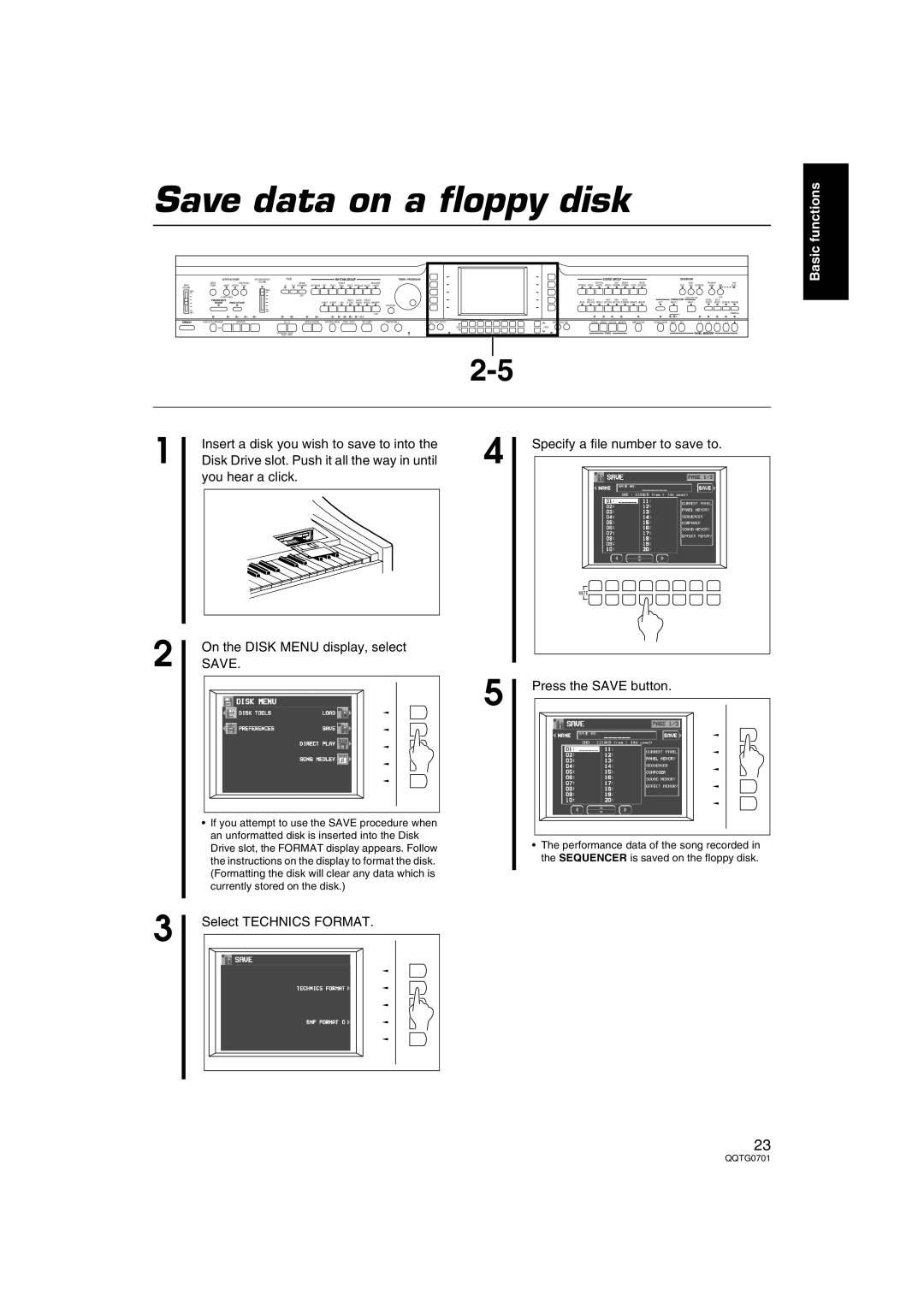 Technics SX-PR54/M Save data on a floppy disk, Specify a file number to save to, Press the Save button 