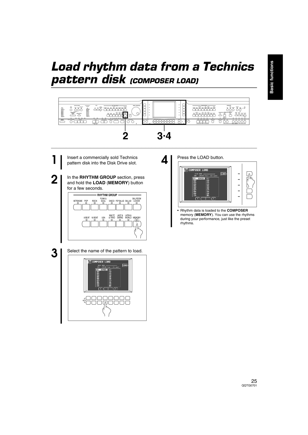 Technics SX-PR54/M operating instructions Load rhythm data from a Technics pattern disk 