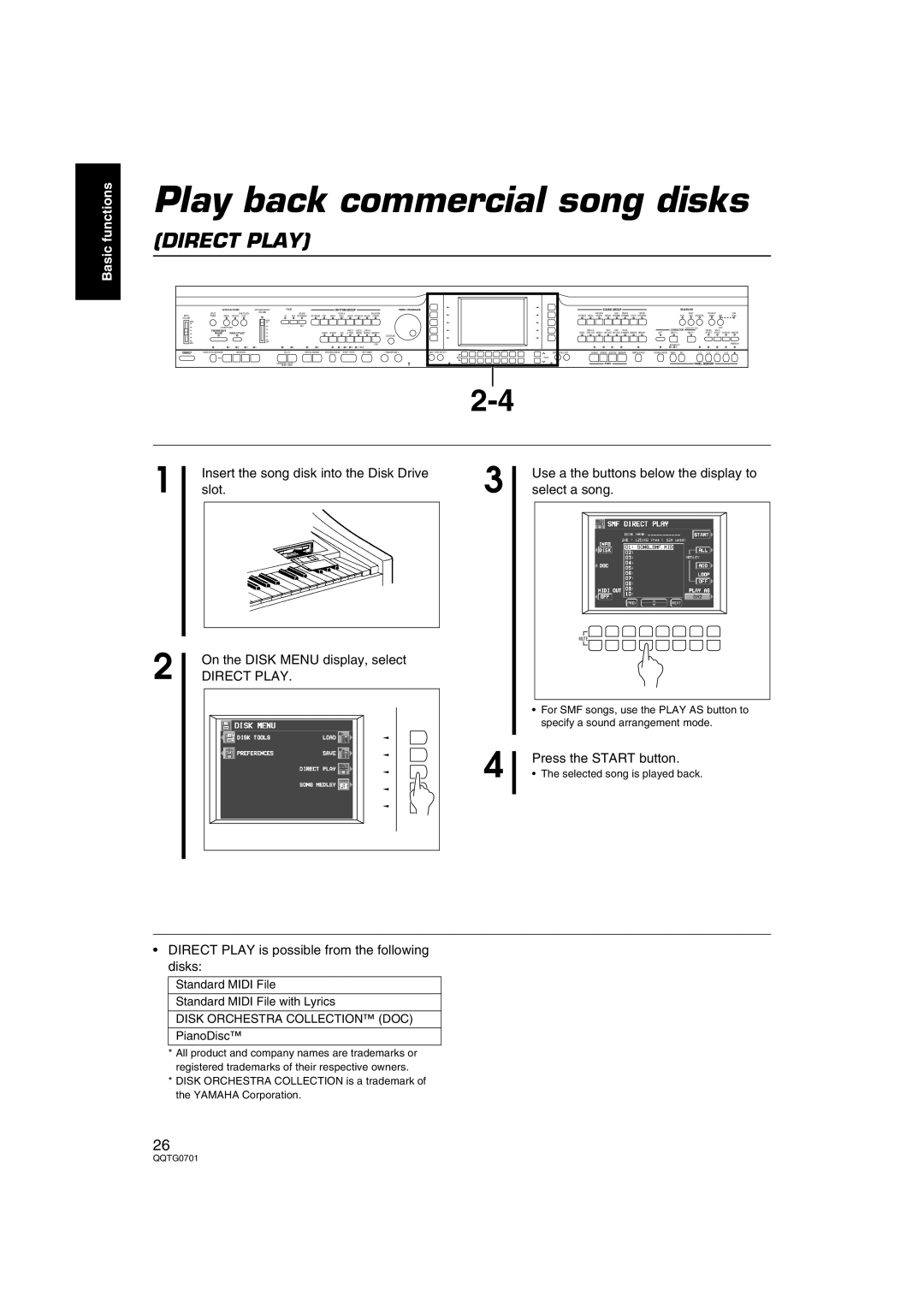 Technics SX-PR54/M Play back commercial song disks, Direct Play, Use a the buttons below the display to select a song 