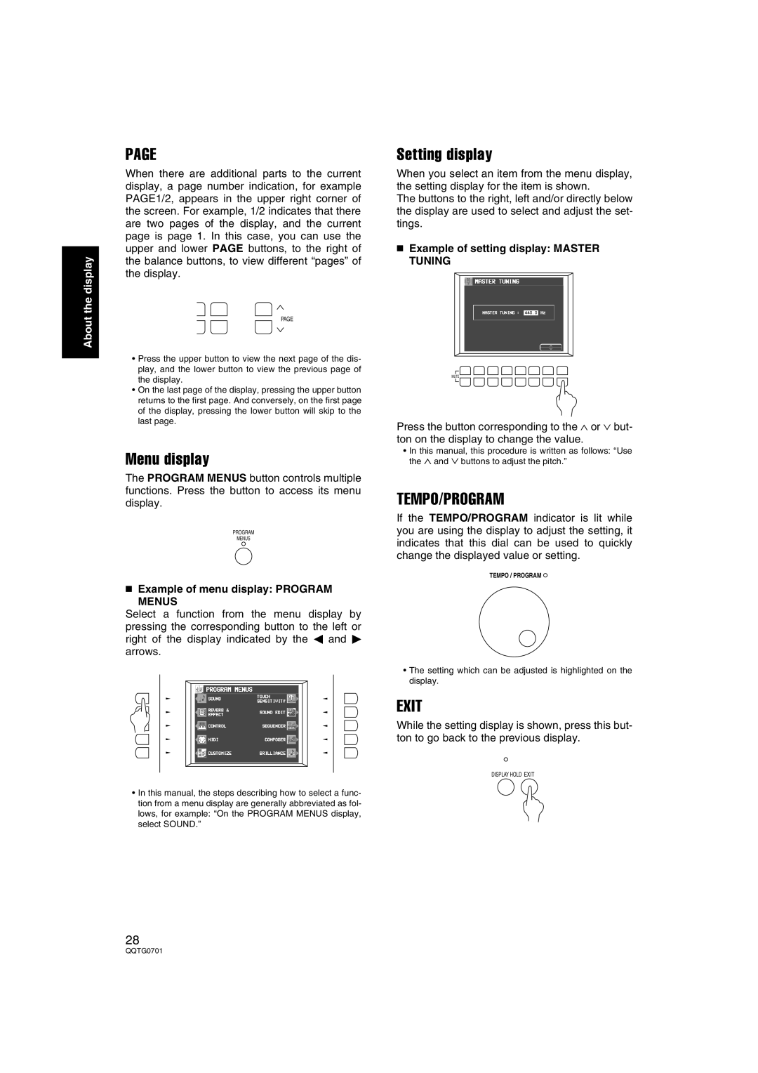 Technics SX-PR54/M operating instructions Menu display, Setting display, Tempo/Program, Exit 