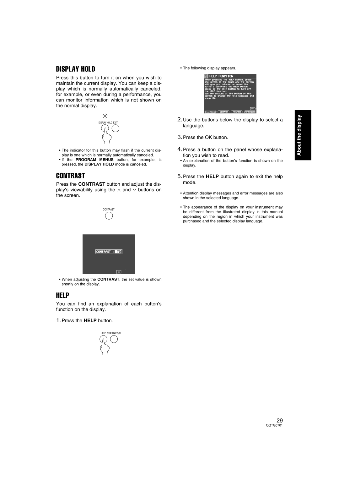 Technics SX-PR54/M operating instructions Display Hold, Contrast, Help, Tion you wish to read 