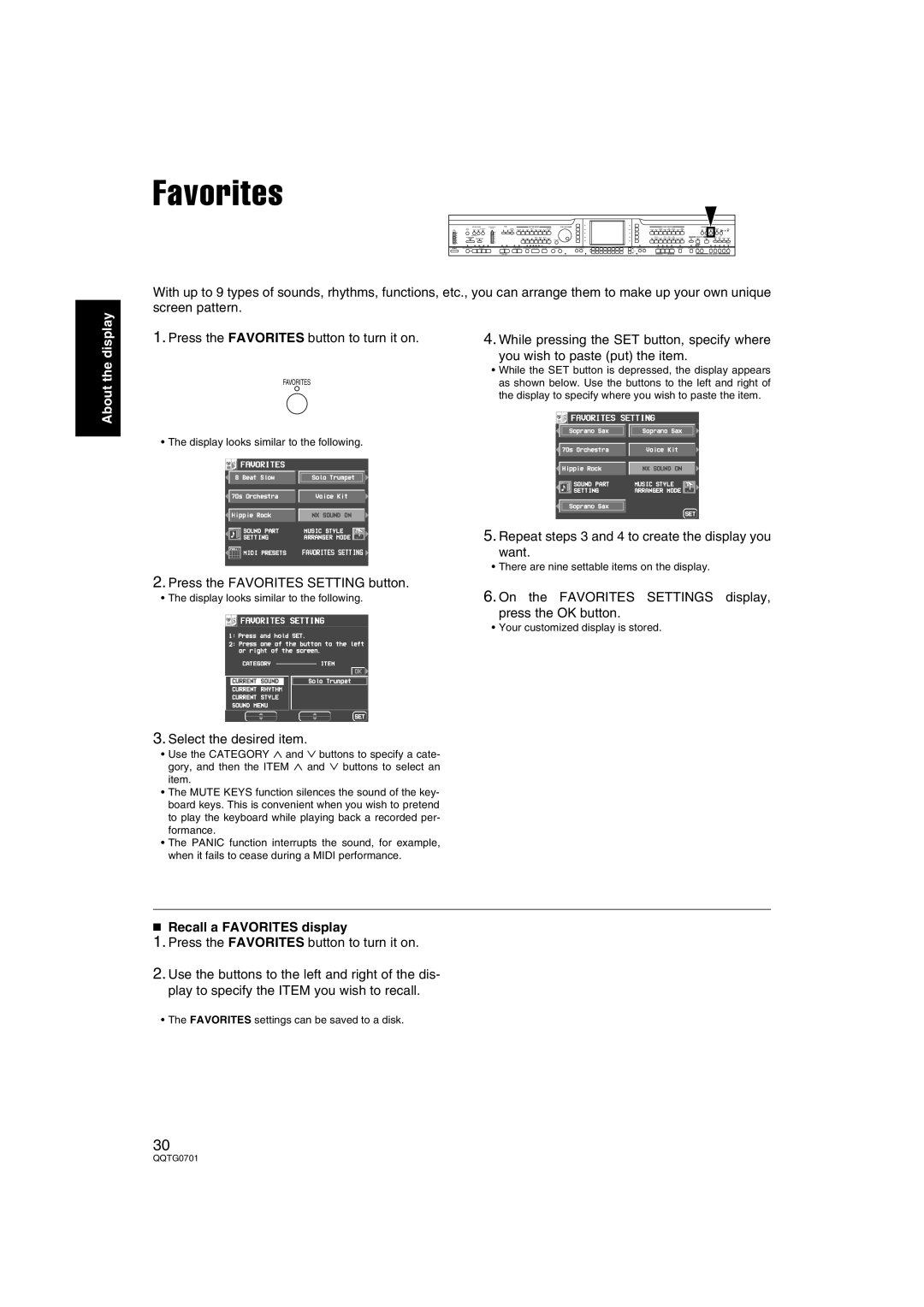 Technics SX-PR54/M operating instructions Recall a Favorites display 