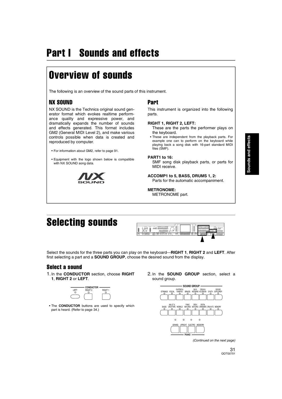 Technics SX-PR54/M operating instructions Part I Sounds and effects Overview of sounds, NX Sound, Select a sound 