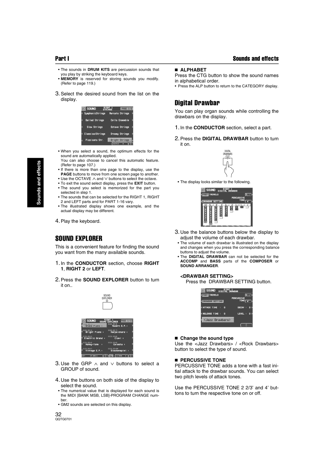 Technics SX-PR54/M operating instructions Digital Drawbar, Sound Explorer, Alphabet, Drawbar Setting, Percussive Tone 